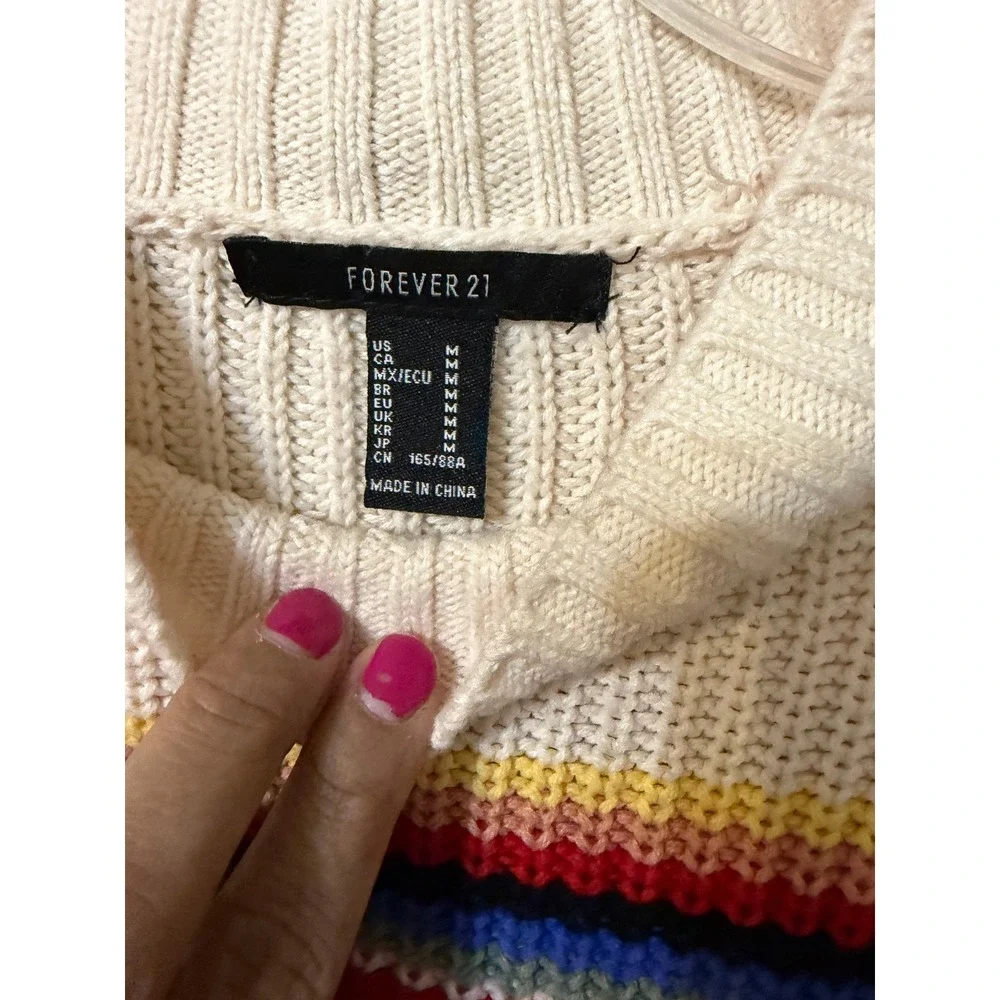 Forever 21 Womens Rainbow Stripe Colorblock Mock Neck Chunky Knit Sweater Red M - Picture 3 of 4